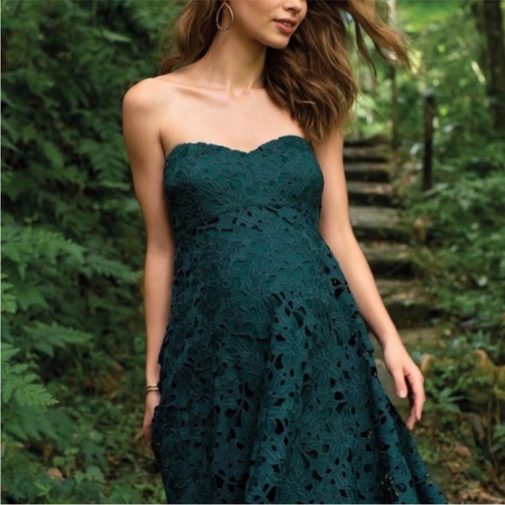A Pea in the Pod maternity Strapless Dark Green Lace Dress